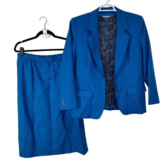 Vintage Pendleton Women's 10 Blazer Skirt Blouse Suit Set Blue Wool USA Made - Picture 1 of 15
